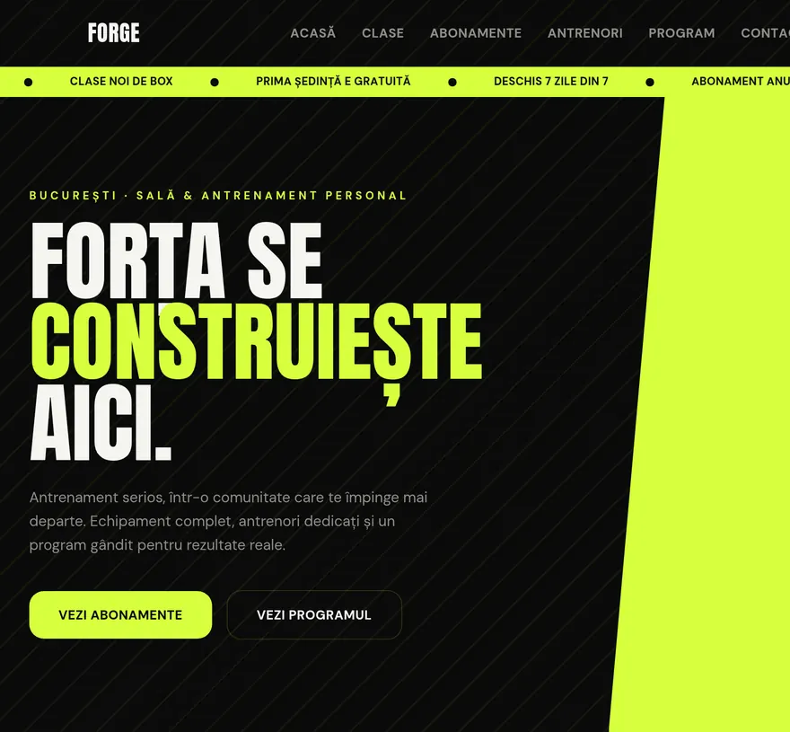 Captură din site-ul demo Concept — sală de fitness
